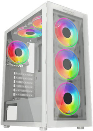 Twisted Minds Manic Shooter-03 ATX Mid Tower Gaming PC Case, Tempered Glass Front & Side Panel, Pre-Installed 4*120mm ARGB Fans, Up 360mm Radiator, Dust Filter, USB 3.0 /  USB 1.1, White | TM350-18-W