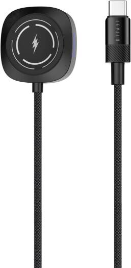 Levelo Otto Type C Compatible With Apple Watch Wireless Charger Cable,Fast Charging,1.2M Cable,Heat Resistant,Tangle-Free,Saffiano Leather,Plug & Charge,Aluminum Alloy & Plastic Shell - Black