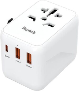 Blupebble Passport 3.1 World Travel Adapter with 1 USB-C + 2 USB-A ports, Fast Charging, UK, USA, AU, Power Adapter Socket for Multi Countries, White  BP-TVL0031-WH