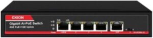 Oxion 4-Port Gigabit PoE Switch, 1G Uplink, 250m Range, 65W Output, 2000Mbps, Auto MDI/MDIX, Wall Mount, Black/Red | OX-GPS504-1G