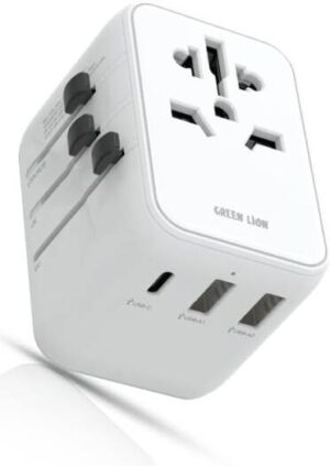 Green Lion 12W Universal Travel Adapter 2500W with Carrying Pouch, Super Compact, x1 USB-C & x2 USB-A Ports, Overheat & Short Circuit Protection, Compatible with TV, PC, Printer, Video Games (White)