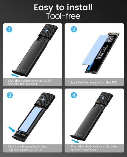 ORICO Aluminum M.2 SATA SSD Enclosure, Tool-Free 5Gbps USB-C Adapter, USB 3.2 M.2 SATA Reader, For 4TB 2230/2242 /2260/2280 SATA-Based B-Key/B+M-Key SSDs, Black | PWM2-BK-EP - Image 5