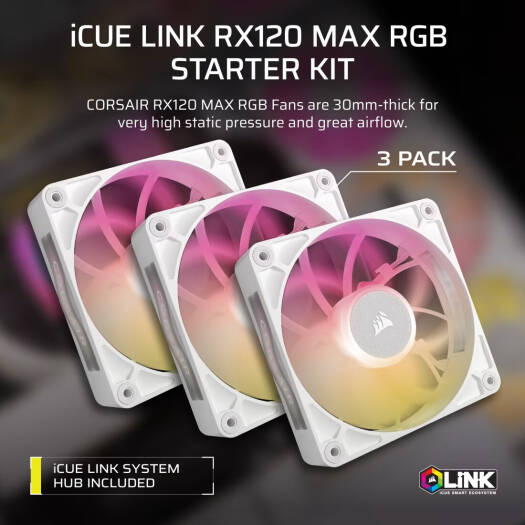 Corsair iCUE LINK RX120 MAX RGB 120mm PWM Thick Fans Starter Kit, 120mm x 30mm Fan Size, 2000 RPM Fan Speed, 71.3 CFM Fan Airflow, Magnetic Dome Bearing, Pack of 3, White | CO-9051038-WW - Image 3
