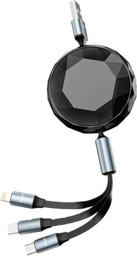 Green Lion 5 in 1 Diamond Retractable 60W Cable, USB-A/USB-C/Lightning head 1.2M Length Wire, 10000 Bends, 480Mbps Data Transfer Speed, Wide Compatibility, Charge & Sync, Scure & Safe - Black