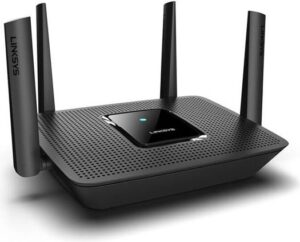 Linksys MR8300 Tri-Band Mesh AC2200 Wi-Fi 5 Router, Up to 2200 Mb/s Speed, Multi-User MIMO Technology, 2200 sq ft Coverage, 4x 10/100/1000 Mb/s Ethernet LAN Port, Beamforming+, Black | MR8300