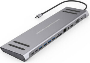 ONTEN 9199A 13 in 1 Type-C Multi-Function Docking Station, HDMI+VGA 2K 60Hz, x1 USB3.0 x3 USB2.0, x2 USB-C, SD+TF, Network Port 100 Megabytes, 3.5mm Jack, Silver | OTN-9199A