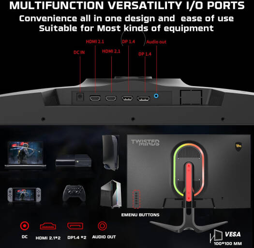 Twisted Minds TM27QHD180IPS Blaze Series Gaming Monitor, 27" QHD IPS Display, 180Hz Refresh Rate, 0.5ms Response Time, HDR Ready, 16.7M Colors, Black | TM27QHD180IPS - Image 6