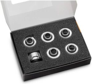 EK-Quantum Torque HDC 16 Fittings, G1/4" BSP 4.5mm Male Thread Length, 16mm OD Supported Tube, 24mm Outer Diameter, 6-Pack, Nickel | 3831109824405