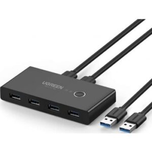 UGREEN USB Switch Selector 2 Computers Sharing 4 USB Devices USB 3.0 Peripheral Switcher Box Hub for Mouse, Keyboard, Scanner, Printer, PCs with One-Button Swapping and 2 Pack USB A to A Cable | 30768