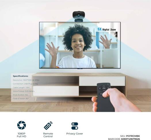 Powerology 1080P Conference Webcam with 90 FOV, Dual Mic, and Remote Control - Crystal Clear Video, 5W Speaker, and Tripod Included - Image 3