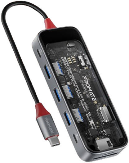 Promate 9-in-1 Multi-Port USB Hub With 100W PD, 5Gbps Transfer Rate, 1000Mbps LAN, 4K HDMI Port, RJ45 Port, USB-C, 1 x USB-A 3.0/ 2 x 2.0 Ports, SD/TF Card Slots, Transparent | TransHub-Go