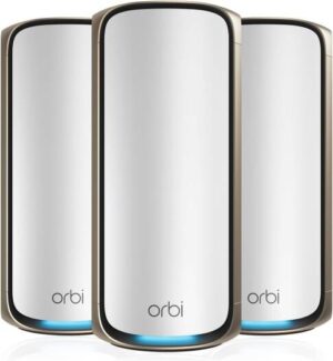 NETGEAR Orbi 970 Series Quad-band WiFi 7 Mesh, BE27000 Speed, Up to 6GHz Band, Up to 11,530 Mbps, 12 High-Performance Internal Antennas, Pack of 3, White | RBE973S