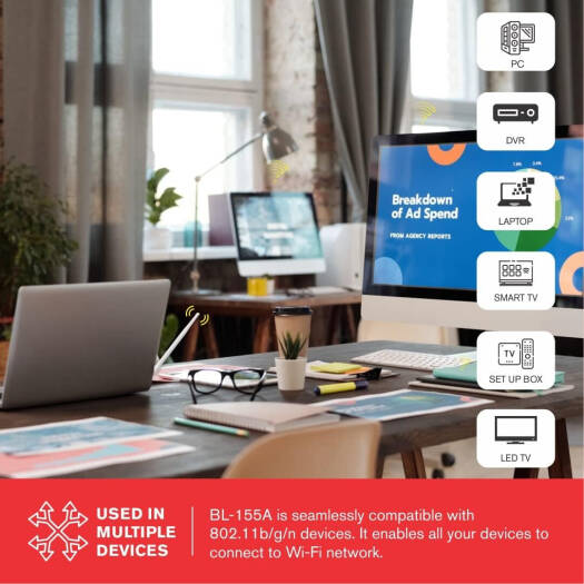 LB-Link USB Wi-Fi Adapter, USB Wi-Fi Dongle, 802.11n, 5dBi Antenna, 150Mbps Wireless Speed, Mini Wireless LAN Adapter WPS Button, White | BL-WN155A - Image 4