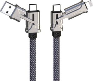 Optiva USB A/C To USB C / Lightning Reliable - Sync & Fast Charging 4in1 USB Charging Cable 5V/2.1A - For All USB-C + IOS Devices Nylon Braided - Metal Housing 1M - Black | OPC30