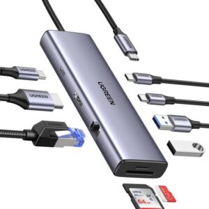 UGREEN Revodok 109 9-in-1 USB C Hub, 4K @ 60Hz Display, 5Gbps Data Transfer Rate, 1Gbps Ethernet Speed, 100W Passthrough, 3x USB-C, 2x USB-A, HDMI, SD/TF Card Slot, RJ45 Ethernet Port, Gray | 15375