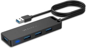 Vention 4-Port USB 3.0 Hub With Power Supply, 5Gbps Fast Sync Speed, Stable & Safe, Universal Compatibility, 0.15 Meter, Black | CHLBB