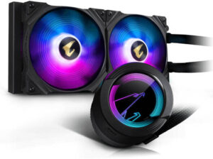 GIGABYTE AORUS WATERFORCE 280 Liquid CPU Cooler, 280mm Radiator, 2x 140mm ARGB Fans, 2150 RPM Fan Speed, 83.83 CFM Fan Airflow, Sleeve (Graphene Nano Lubricant) Bearing Type | AORUS-WATERFORCE-280