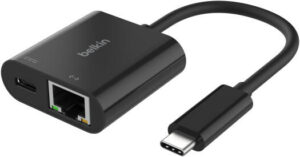 Belkin Connect USB-C to Ethernet + Charge Adapter, 100W Passthrough, 1000 Mbps Ethernet Speed, Compact & Portable Design, Black | INC019btBK