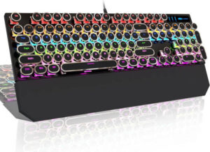 MageGee MK-Storm Punk Mechanical Keyboard, With Rest Pad, Retro Typewriter Style, Full Size, Blue Switch, LED Backlit, Round Keycaps, Clicky-Clack Sound, 104 Keys, ENG Layout, Black | MK-Storm