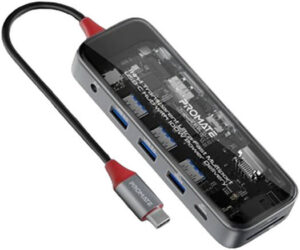 Promate 10-in-1 Transparent Ultra-Fast Multiport USB-C Hub with 100W PD, 1 x USB 3.0 With 5Gbps Transfer Rate, 2 x USB 2.0, 1000Mbps LAN, USB-C, DP, HDMI, AUX, SD/TF Ports, Clear | TransHub-Pro