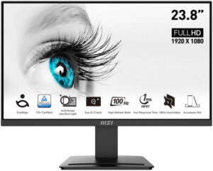 MSI Pro MP2412 Business & Productivity Monitor, 23.8" FHD VA Display, 100Hz Refresh Rate, 1ms (MPRT) Response Time, EyesErgo Technology, HDMI & DP Port, 4000 1 Contrast Ratio | 9S6-3BA9CH-049