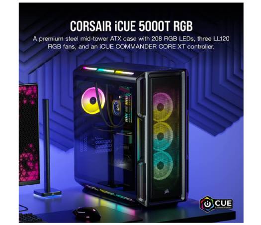 Corsair iCUE 5000T RGB Mid Tower ATX PC Case, Tempered Glass, 360mm Radiator & 10x Fan Support, 3x 120mm Fan Included, 7 + 2 Vertical Expansion Slots, Black | CC-9011230-WW - Image 2