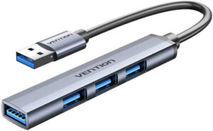 Vention 4-in-1 Ultra Slim Hub, With Single USB 3.0 And Triple USB 2.0 Ports, Max 5Gbps Data Transfer Speed for PC and Laptops, PVC, Metal Braided, 0.15M Cable, Gray |  CKOHB