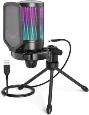 FIFINE AMPLIGAME Gaming USB Microphone, Condenser Mic with Quick Mute, RGB Indicator, Tripod Stand, Pop Filter, Shock Mount, Gain Control Streaming on PC/Laptop/PS4/5, Black | AMPLIGAME