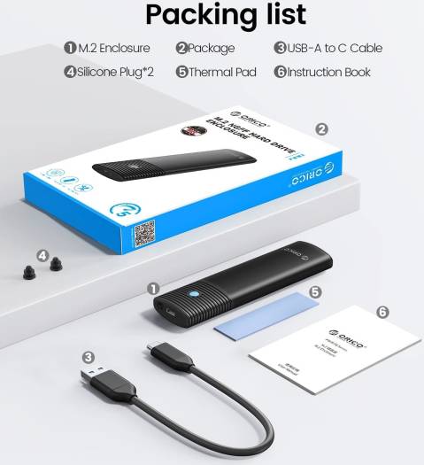 ORICO Aluminum M.2 SATA SSD Enclosure, Tool-Free 5Gbps USB-C Adapter, USB 3.2 M.2 SATA Reader, For 4TB 2230/2242 /2260/2280 SATA-Based B-Key/B+M-Key SSDs, Black | PWM2-BK-EP - Image 6