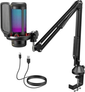 TONOR Gaming USB Microphone Set for PC, RGB Condenser Mic with Boom Arm Quick Mute, RGB Lighting, Pop Filter, Shock Mount, Gain Control for Streaming & Record, Discord Twitch YouTube, Black | TC310+