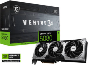 MSI GeForce RTX 5080 VENTUS 3X OC Graphics Card, 16GB GDDR7 256-Bit Memory, 2640 MHz Boost Clocks, 10752 CUDA Cores, 30 Gbps Memory Speed, PCI Express Gen 5 | 912-V531-262