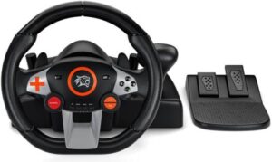 Porodo Gaming 7in1 Steering Wheel 270 Coil-Spring Mechanism Clamp Attachment Responsive Pedal 10" Racing Wheel Plug & Play Gear Lever