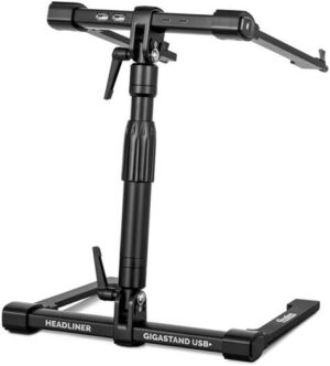 Headliner Gigastand USB+ Fully Adjustable DJ Laptop Stand, Fits laptops up to 17", Telescoping Neck with 360 Rotation & Max Height of 16", 2x USB-C ports & 2x USB-A ports, Black | HL20015