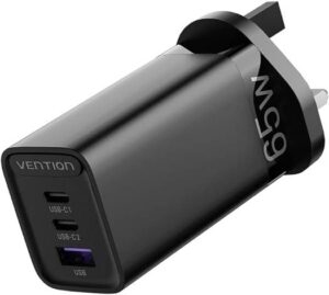 Vention 65W GaN USB C, 3 Ports (C+C+A) PPS PD Fast Charger, 100-240V, QC 4.0/3.0 Support, UK-Plug, Black | FEDB0-UK