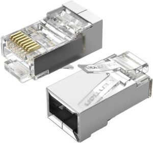 Vention Cat.5E FTP RJ45 Modular Plug, Nickel-Plated Iron Shell, 3 Pronged Gold-Plated Contacts, 50 Pieces, Silver/Transparent | IDAR0-50