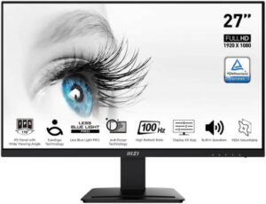 MSI PRO MP273A 27" Professional Business Monitor, FHD 100Hz Anti Glare IPS Display, 1ms MPRT Response Time, 2x 3W Speakers, Adaptive Sync, Display Kit Support, DP / HDMI / VGA, Black | 9S6-3PB4CH-070