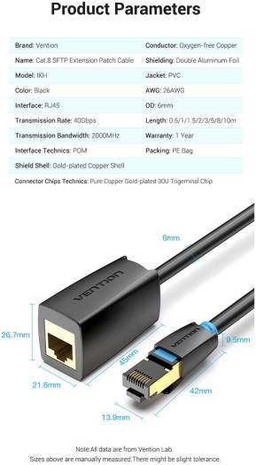 Vention Cat.8 SSTP Extension Patch Cable, 40Gbps Network Speed, 2000MHz Bandwidth, Oxygen-Free Copper Twisted Paris, Double Aluminum Foil Shield, POM Gold-Plated Copper Shell 10 Meter, Black | IKHBL - Image 6