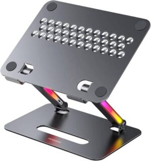 Porodo Aluminum Foldable Laptop Stand 14"-17.3" with RGB Lights & Adjustable Angles, 450mAh Battery, Type-C Charging, Compatible with MacBook Pro, Notebook - Gray