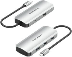 Vention USB-C to USB 3.0x4 / Micro-B Hub, 4 Ports in Sync, 5Gbps Transmission Rate, Micro-B Power Supply, Read 8TB External HDD, Aluminum Alloy Type, 0.15 Meter, Gray | TNAHB