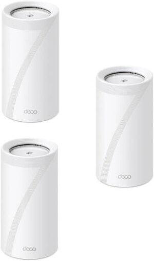 TP-Link Tri-Band WiFi 7 BE19000 Whole Home Mesh System, 12-Stream 22 Gbps, 10G + 2.5G Ports Wired Backhaul, 8 High-Gain Antennas | VPN, AI-Roaming, 44 MU-MIMO (1-Pack x 3) White | Deco BE85