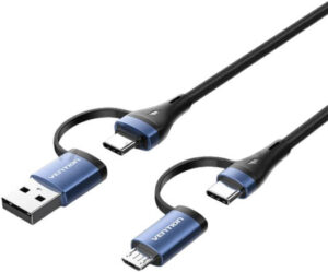 Vention 4-in-1 USB-C 2.0 Fast Charging Data Cable, 100W, With USB-A & Micro USB Built-In Adapter, 480Mbps Transmission Rate, Blue Aluminium Alloy Type, Nylon Braided, 1M Black Cable | CTLLF