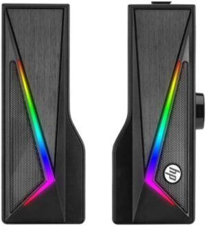 HP DHE-6005 RGB Desktop Subwoofer Computer Speaker, 2x 3W Rated Power, LED Light, Dual Speakers Sound, 4D Surround Sound, 3.5mm Interface + USB, 1.2m Cable Length | DHE-6005