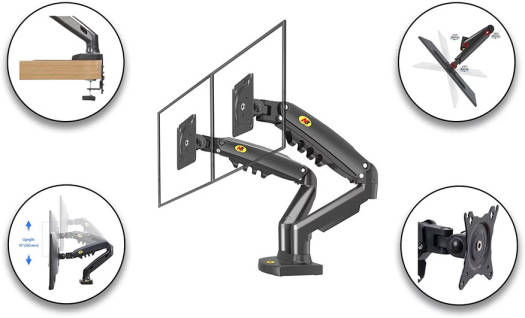 Skill Tech Premium Dual Monitor Mechanical Gas Spring Monitor Arm, 17" - 27" Screen Sizes, 9kg Weight Capacity, 360° Screen Rotation, Up to 2x Monitors, Clamp Mounting, Black | SH-F160 - Image 3