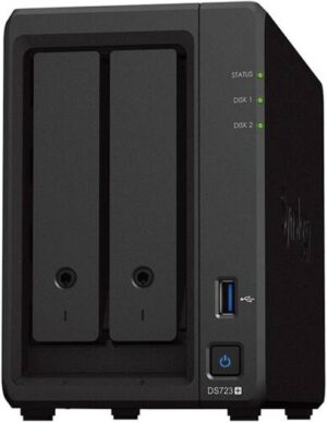 Synology DiskStation DS723+ 2-Bay NAS, 2.6GHz AMD Ryzen R1600 Dual-Core, 2GB DDR4 RAM, 2x 3.5/2.5" Bays | 2 x M.2 2280 Slots, 1x USB-A 3.2, 1x eSATA, 2x Gigabit Ethernet, Black | DS723+