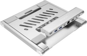 Levelo Aerolink Laptop Stand With Built-In Portable 7 In 1 Hub, Dismountable Usb-C Hub, Orbit-Turning Base, 5.5 Max Load, Large Base Support, Foldable Design, Lightweight, Wide Compatibility, Silver