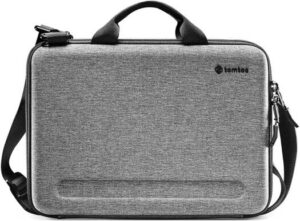 Tomtoc A25F2G2 Hardshell Laptop Shoulder Case, Fits 16" Laptop, Built-in Belt With Magic Strap, EVA Hard Shell Exterior, Water Repellent Fabric, Outside Pockets, YKK Zippers, Gray | A25F2G2