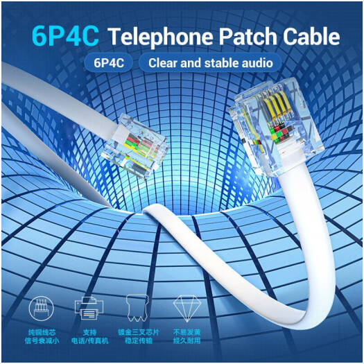 Vention IQB 6P4C Telephone Patch Cable, Male To Male, Trident Gold-Plated FU, Flexible Wiring Of Flat Wire Body, PVC, Pure Copper Conductor Material, 10M Length, White | IQBWL - Image 4