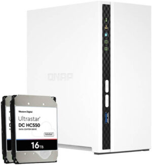 QNAP TS-233 2 Bay 32 TB Desktop NAS with 2 x 16TB Ultrastar (HGST) HC550 SATA 6Gb/s HDD, 2GB RAM On Board, 2 x 3.5 Inch SATA 6Gb/s Drive Bay, ARM Processor, Power, Gigabit Ethernet Port
