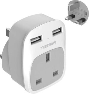 TESSAN USB Plug UK Adaptor, 2 USB Ports, Double USB Charger, USB Wall Socket Plug Adapter for Home, 3250 Watts, Travel-Friendly, Indicator Light, White | TS-821-UK