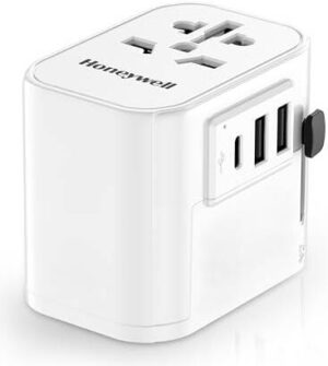 Honeywell Universal World Travel Adapter with 2xUSB Ports,1xTypeC PD30W Port,4-in-1 Worldwide Wall Charger for EU,US,UK & CN, Perfect for Laptop,Cell Phones, Cameras | HC000030/CHG/TRV/WHT